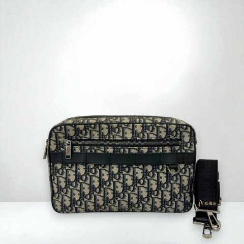 JS1294-DIOR藍色緹花布銀釦Safari雙拉鏈郵差側背包1ESPO297YKY