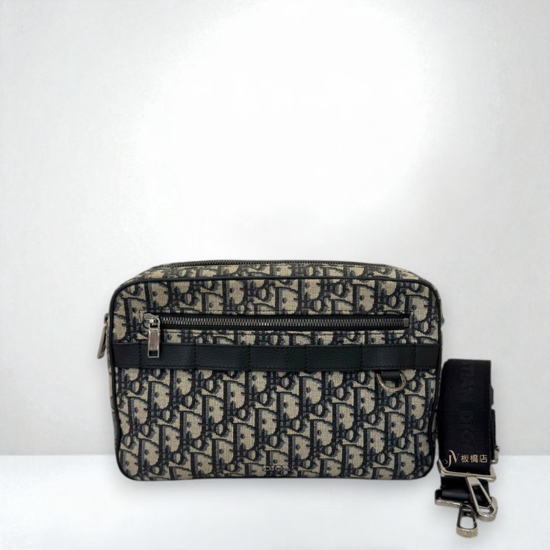 JS1294-DIOR藍色緹花布銀釦Safari雙拉鏈郵差側背包1ESPO297YKY-0