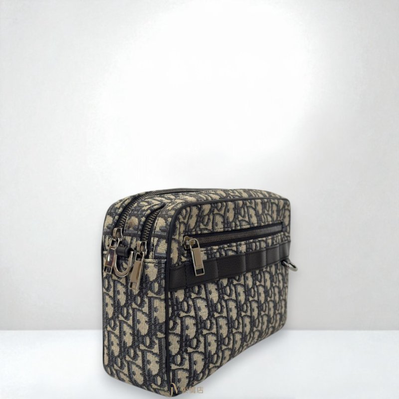 JS1294-DIOR藍色緹花布銀釦Safari雙拉鏈郵差側背包1ESPO297YKY-2