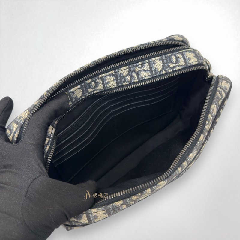 JS1294-DIOR藍色緹花布銀釦Safari雙拉鏈郵差側背包1ESPO297YKY-6