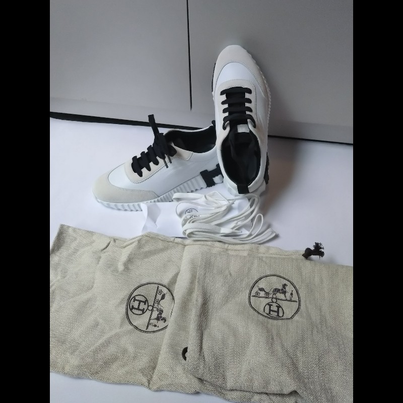 Hermes 白色皮革黑H休閒鞋 happy 熊貓配色-3