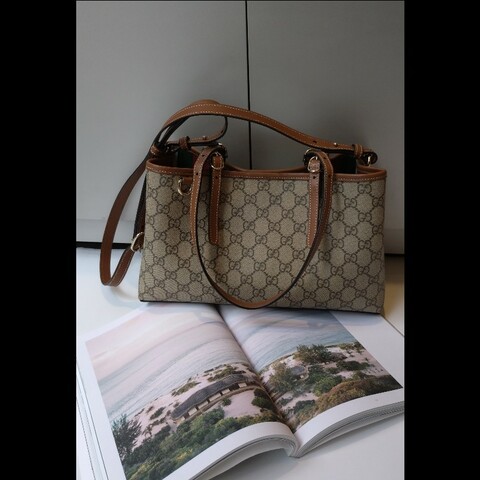 Gucci 咖皮邊GG pvc帆布兩用托特包