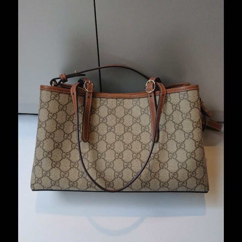 Gucci 咖皮邊GG pvc帆布兩用托特包-1