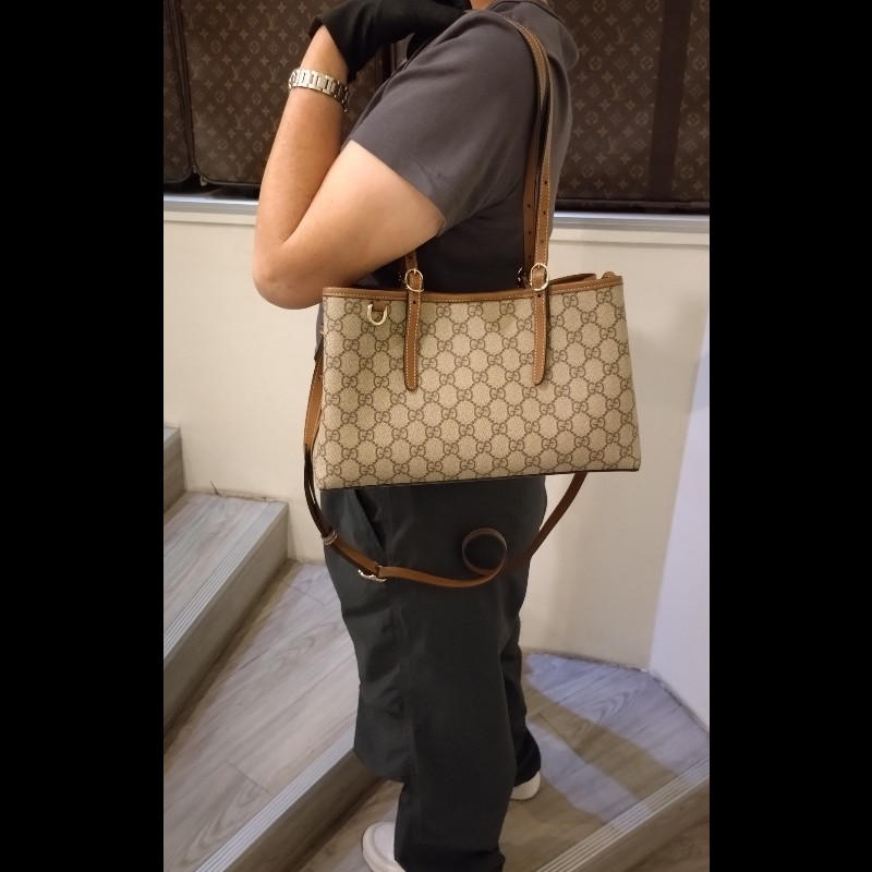Gucci 咖皮邊GG pvc帆布兩用托特包-3