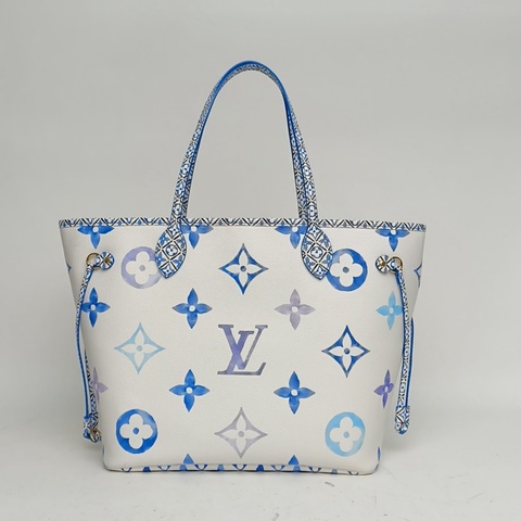 LOUIS VUITTON Neverfull中號31藍色PVC金扣晶片夏日限定水彩系列肩背包