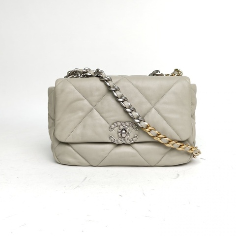 CHANEL 19BAG口蓋包小號26cm灰色羊皮晶片開金銀扣肩背包