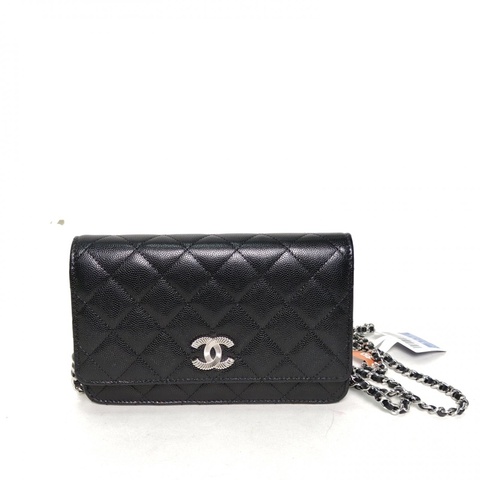 CHANEL 黑色荔枝牛皮晶片開銀扣25C季節款CFWOC肩背包