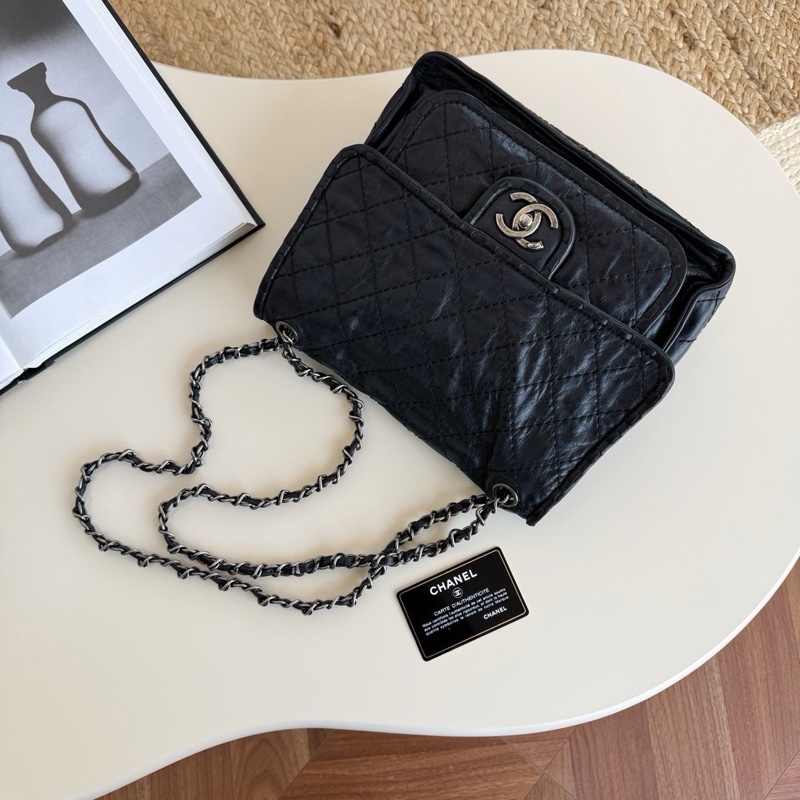 A級95成新 Chanel 黑銀復古做舊滾邊機場 18開-0