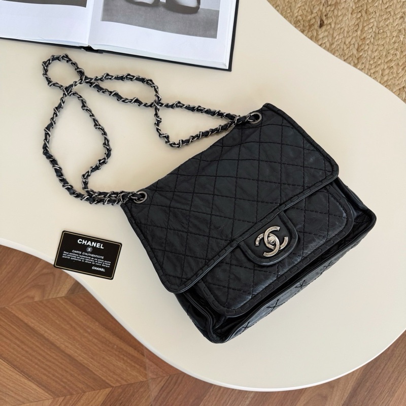 A級95成新 Chanel 黑銀復古做舊滾邊機場 18開-1