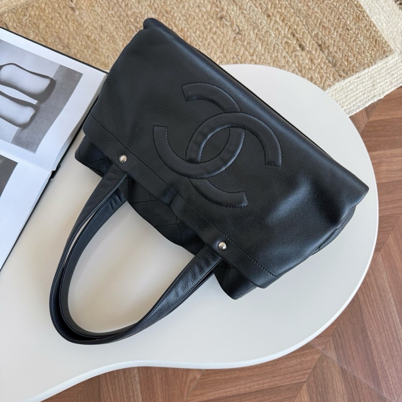 AB級 9成新 Chanel 黑銀魚子醬浮雕單肩tote鐳射12開無卡-0