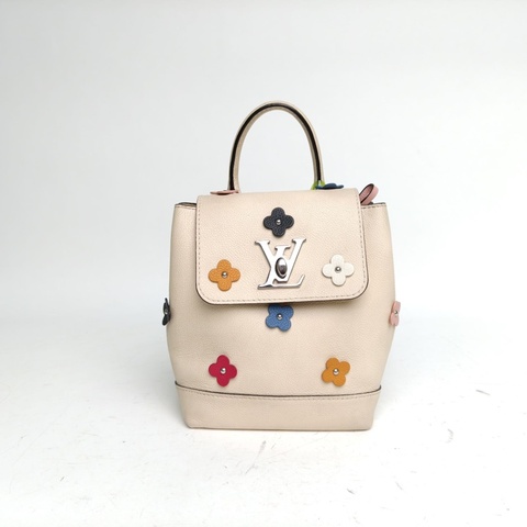 LOUIS VUITTON Lockme雙肩包Mini16裸色牛皮2018花朵裝飾