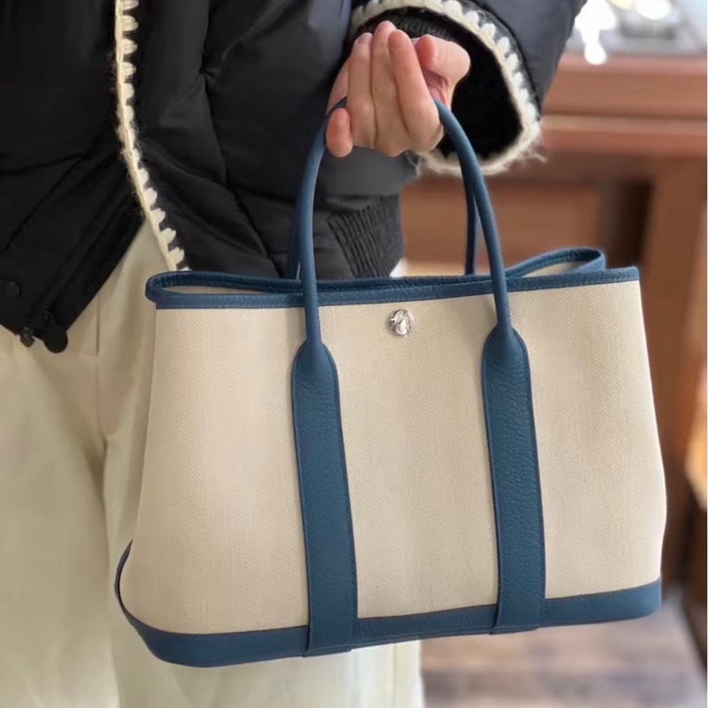 S級 98成新 Hermes garden party花園30 藍色帆布拼皮 D刻-6