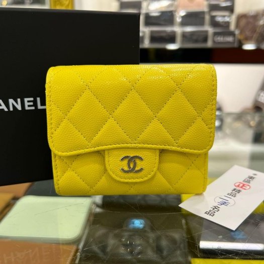 東區正精品㊣CHANEL 香奈兒黃色荔皮牛皮金釦三折短夾 RZ6290-0