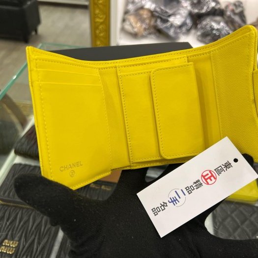 東區正精品㊣CHANEL 香奈兒黃色荔皮牛皮金釦三折短夾 RZ6290-4