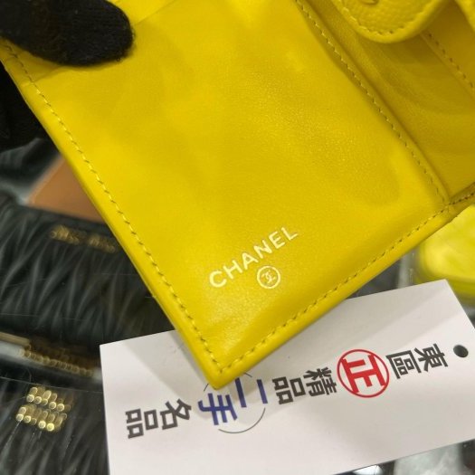 東區正精品㊣CHANEL 香奈兒黃色荔皮牛皮金釦三折短夾 RZ6290-5