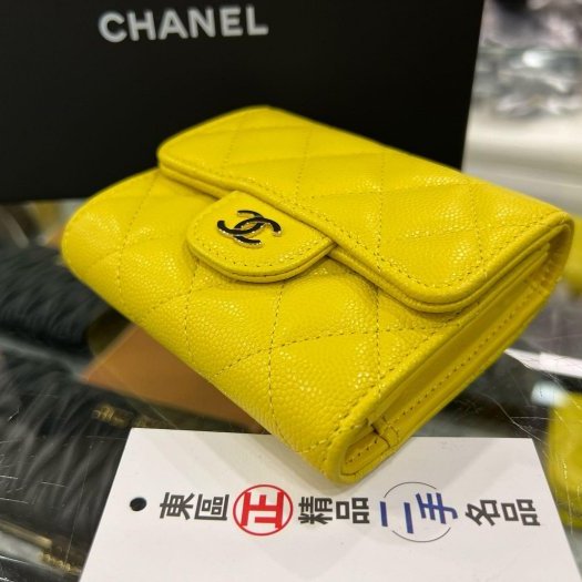 東區正精品㊣CHANEL 香奈兒黃色荔皮牛皮金釦三折短夾 RZ6290-6