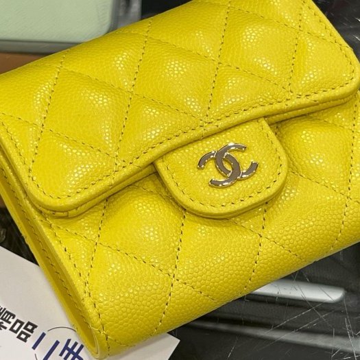 東區正精品㊣CHANEL 香奈兒黃色荔皮牛皮金釦三折短夾 RZ6290-7