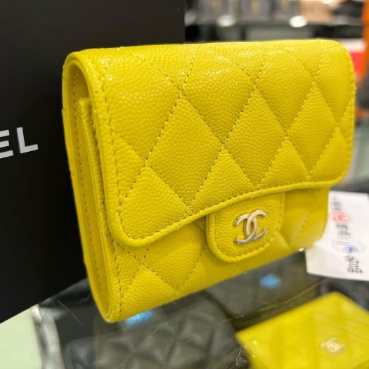 東區正精品㊣CHANEL 香奈兒黃色荔皮牛皮金釦三折短夾 RZ6290-8