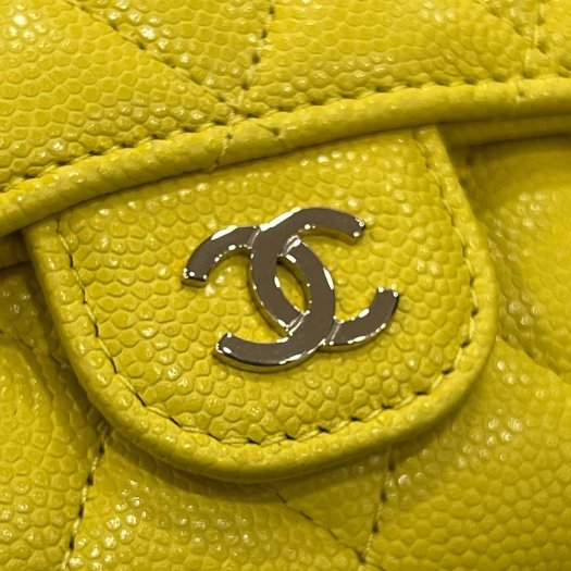 東區正精品㊣CHANEL 香奈兒黃色荔皮牛皮金釦三折短夾 RZ6290-9