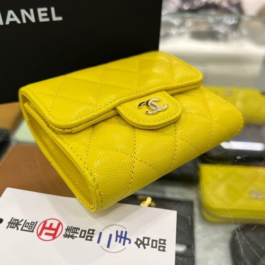 東區正精品㊣CHANEL 香奈兒黃色荔皮牛皮金釦三折短夾 RZ6290-10