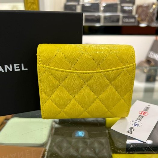 東區正精品㊣CHANEL 香奈兒黃色荔皮牛皮金釦三折短夾 RZ6290-12