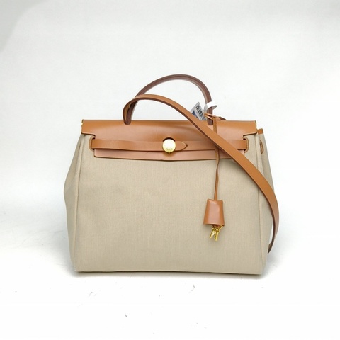HERMES Herbag318L冰川白拼29本色帆布/牛皮U刻金扣肩背包