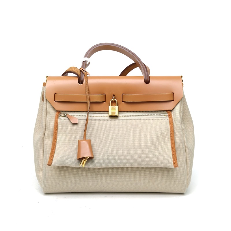 HERMES Herbag318L冰川白拼29本色帆布/牛皮U刻金扣肩背包-2