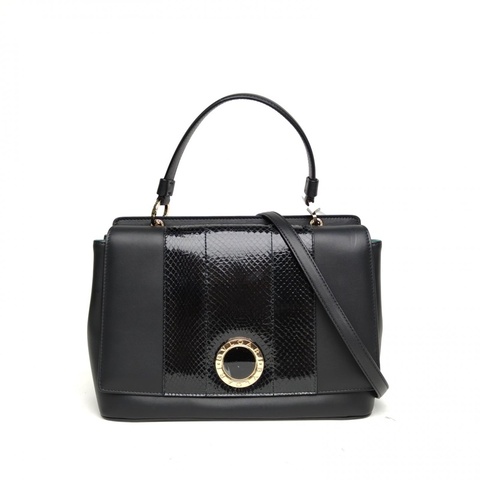 BVLGARI 黑色牛皮蛇皮雙翻蓋手提包/