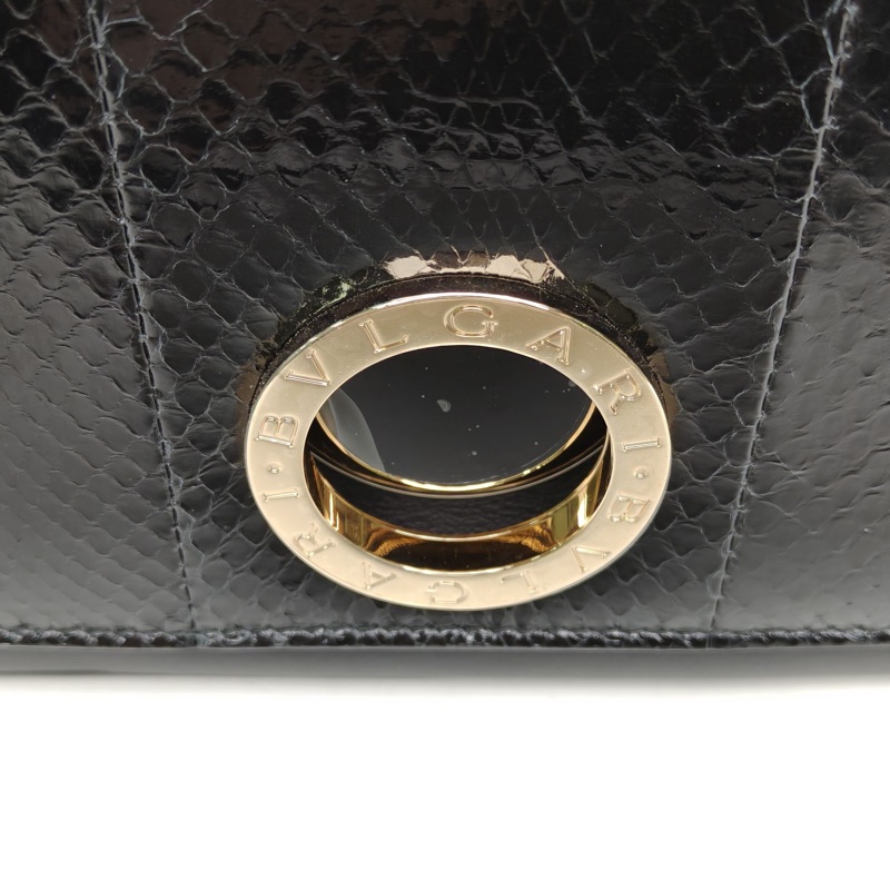 BVLGARI 黑色牛皮蛇皮雙翻蓋手提包/-5