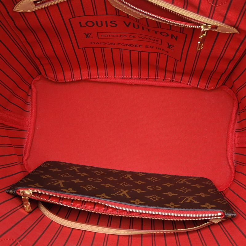 LOUIS VUITTON Neverfull中號31配子袋紅色內裏老花PVC金扣晶片肩背包-4
