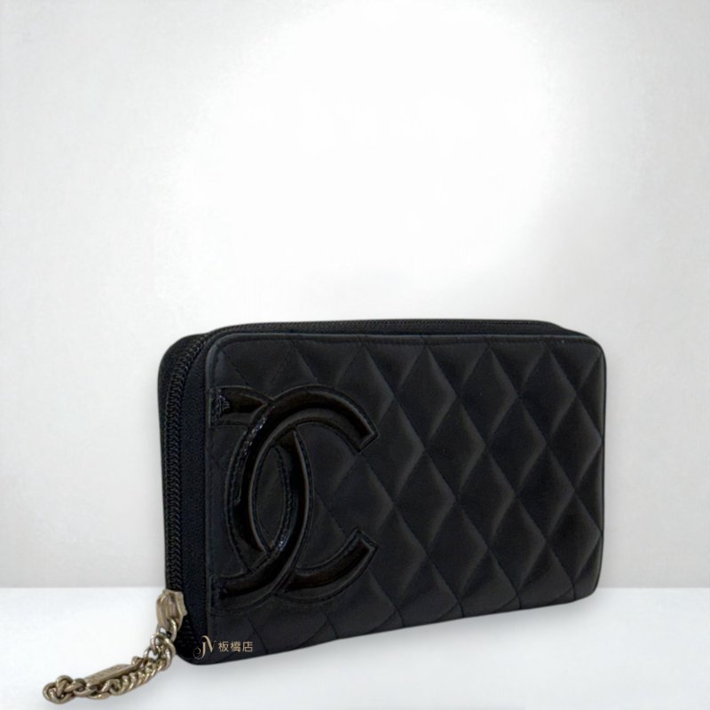 JS1325-CHANEL 黑牛皮康朋拉鍊長夾-2