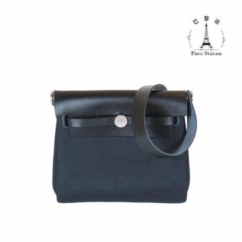 【巴黎站二手名牌專賣店】＊全新現貨＊HERMES 愛馬仕 真品＊K刻MINI HERBAG黑色帆布銀釦斜背包