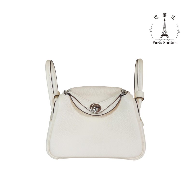 【巴黎站二手名牌專賣店】＊現貨＊HERMES 愛馬仕 真品＊W刻奶昔白銀釦MINI LINDY手提肩背包-0