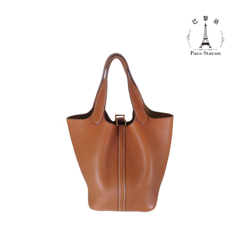 【巴黎站二手名牌專賣店】＊現貨＊HERMES 愛馬仕 真品＊A刻 PICOTIN 18 GOLD棕皮革金釦手提包 菜籃子-1