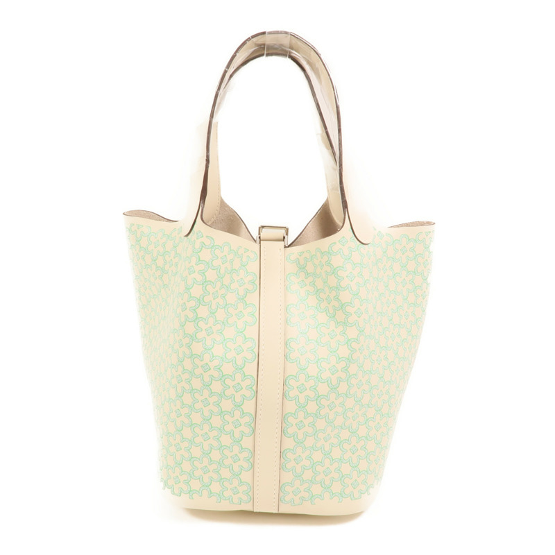 HERMES Swift皮革Picotin PM Lucky Daisy銀扣肩背袋Nata/Vert Comics-1