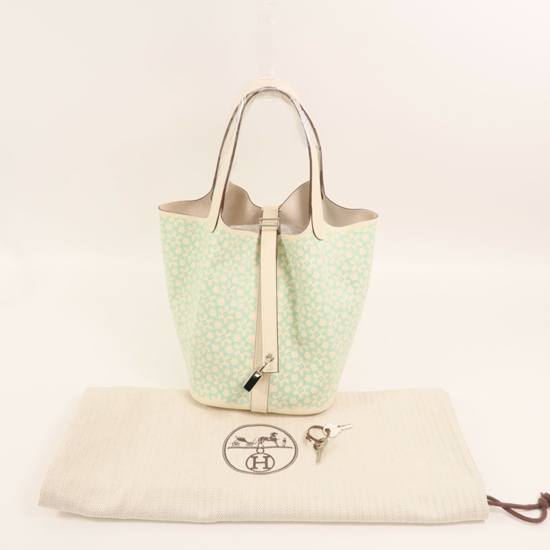 HERMES Swift皮革Picotin PM Lucky Daisy銀扣肩背袋Nata/Vert Comics-8