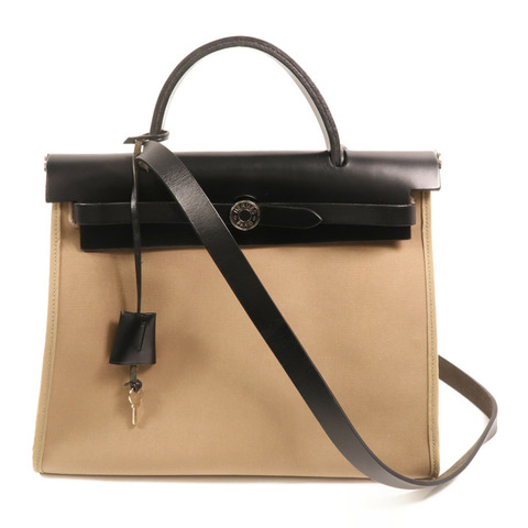 HERMES 帆布Herbag PM銀扣手挽肩背兩用袋Etoupe