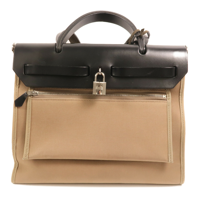 HERMES 帆布Herbag PM銀扣手挽肩背兩用袋Etoupe-1