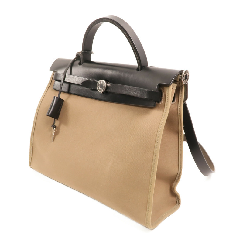 HERMES 帆布Herbag PM銀扣手挽肩背兩用袋Etoupe-2