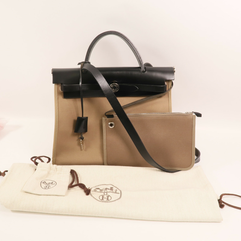 HERMES 帆布Herbag PM銀扣手挽肩背兩用袋Etoupe-9