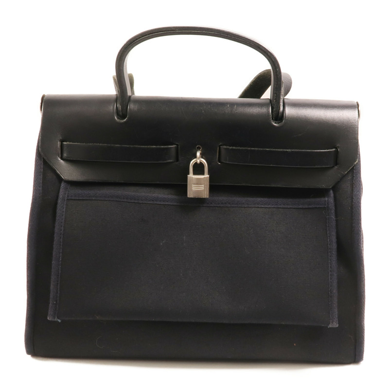 HERMES 帆布Herbag 31銀扣手挽肩背兩用袋Noir-1