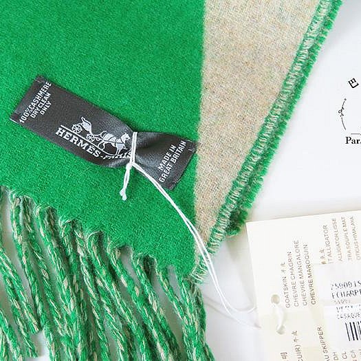 【巴黎站二手名牌專賣店】＊現貨＊HERMES 愛馬仕 真品＊綠/灰色喀什米爾羊絨流蘇圍巾 披肩140CM-2