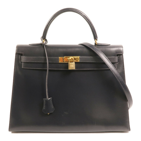 HERMES Box Calf皮革Kelly 35金扣手挽肩背兩用袋Noir