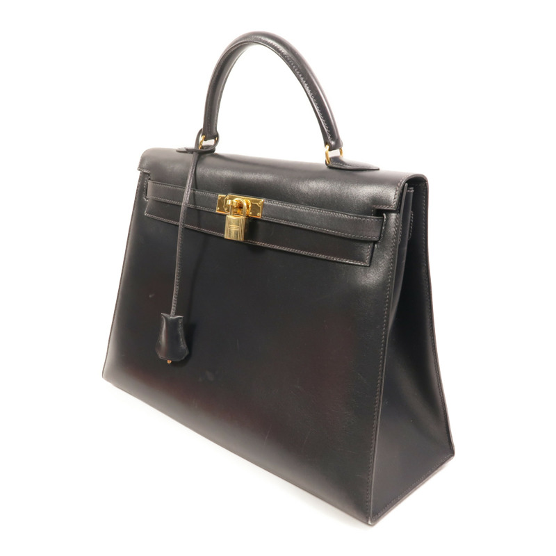 HERMES Box Calf皮革Kelly 35金扣手挽肩背兩用袋Noir-2
