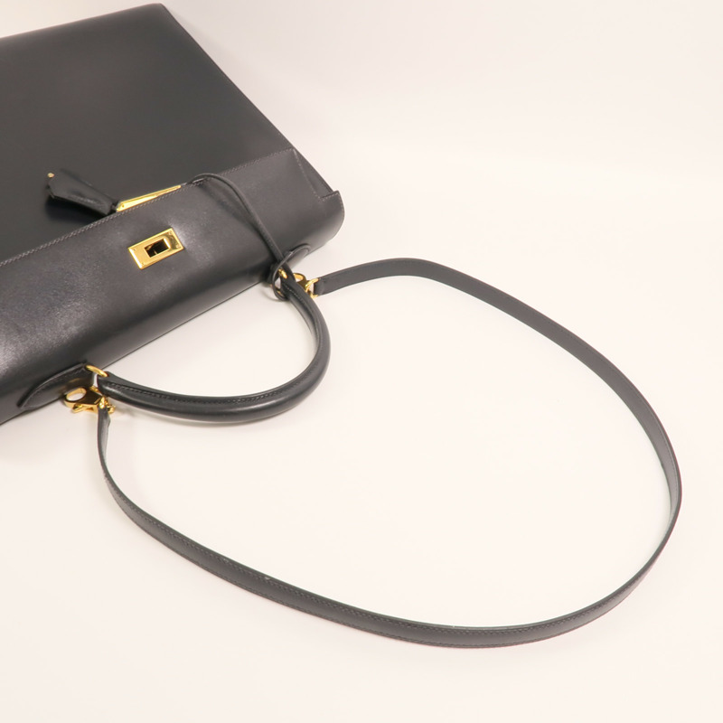HERMES Box Calf皮革Kelly 35金扣手挽肩背兩用袋Noir-7