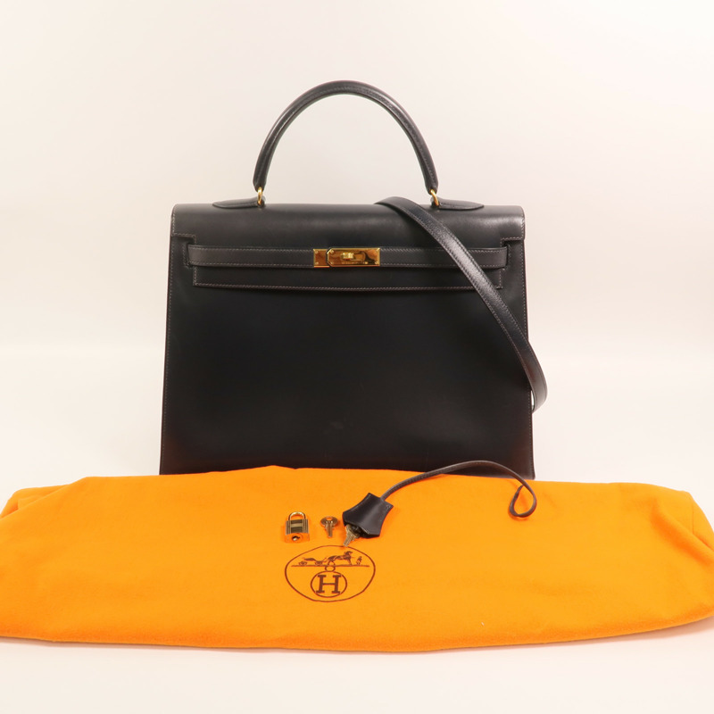 HERMES Box Calf皮革Kelly 35金扣手挽肩背兩用袋Noir-8