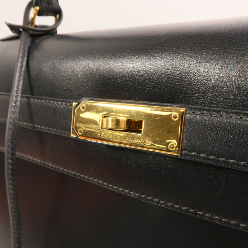 HERMES Box Calf皮革Kelly 35金扣手挽肩背兩用袋Noir-9