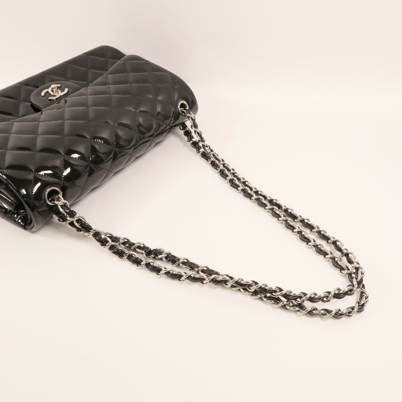 CHANEL 漆皮皮革Large Classic銀扣鏈帶肩背袋-8
