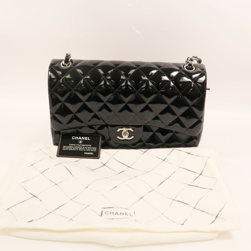 CHANEL 漆皮皮革Large Classic銀扣鏈帶肩背袋-10