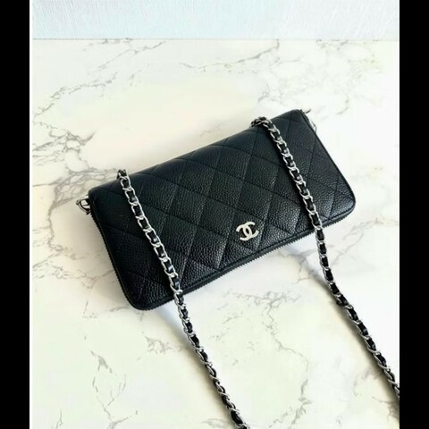 【LA LUNE】中古包 Chanel黑銀色魚子醬WOC 側背包 斜背包 皮夾 錢包 單肩包